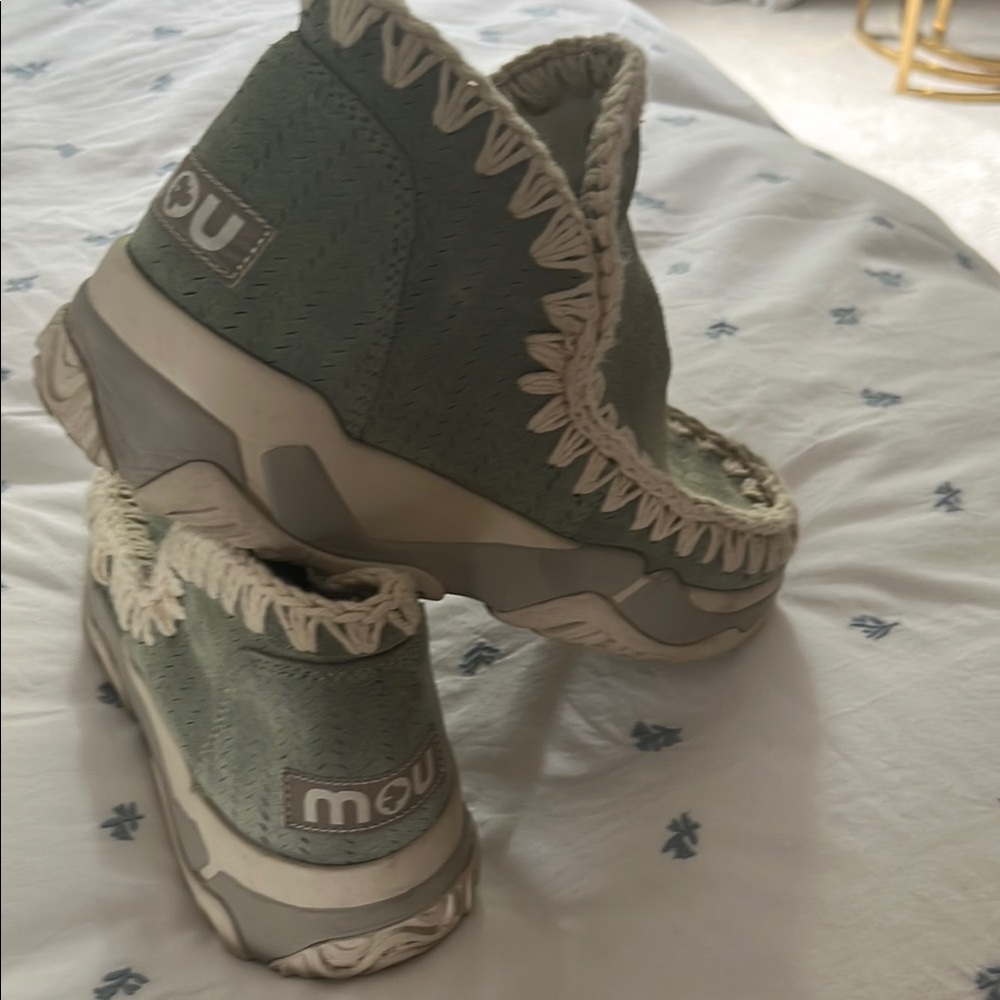 Mou Green and Cream Boots with Rugged Construction